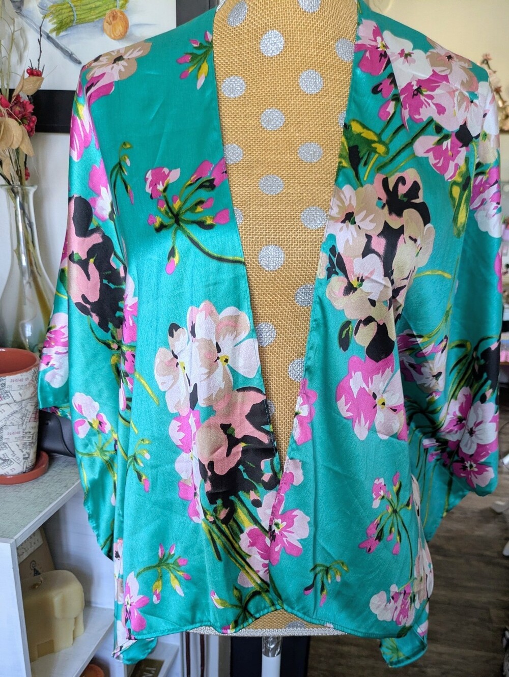Sferra Femme Teal Floral Satin Kimono Cardigan Small